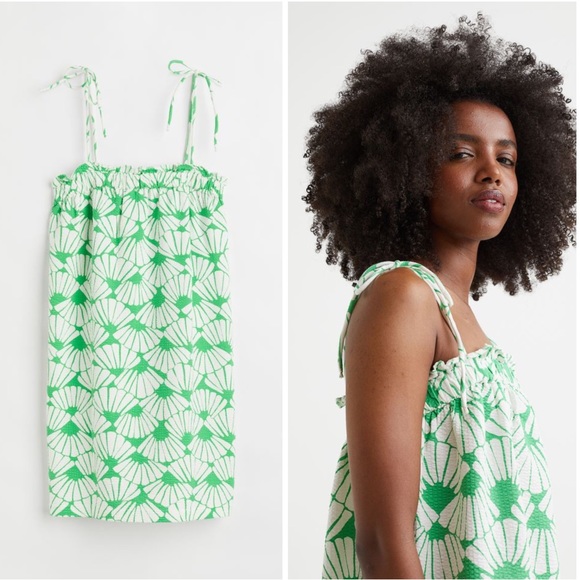 Seashell Print Strappy Green & White Sun Dress Smocked Ruffled Stretchy H&M XXL - Picture 2 of 10